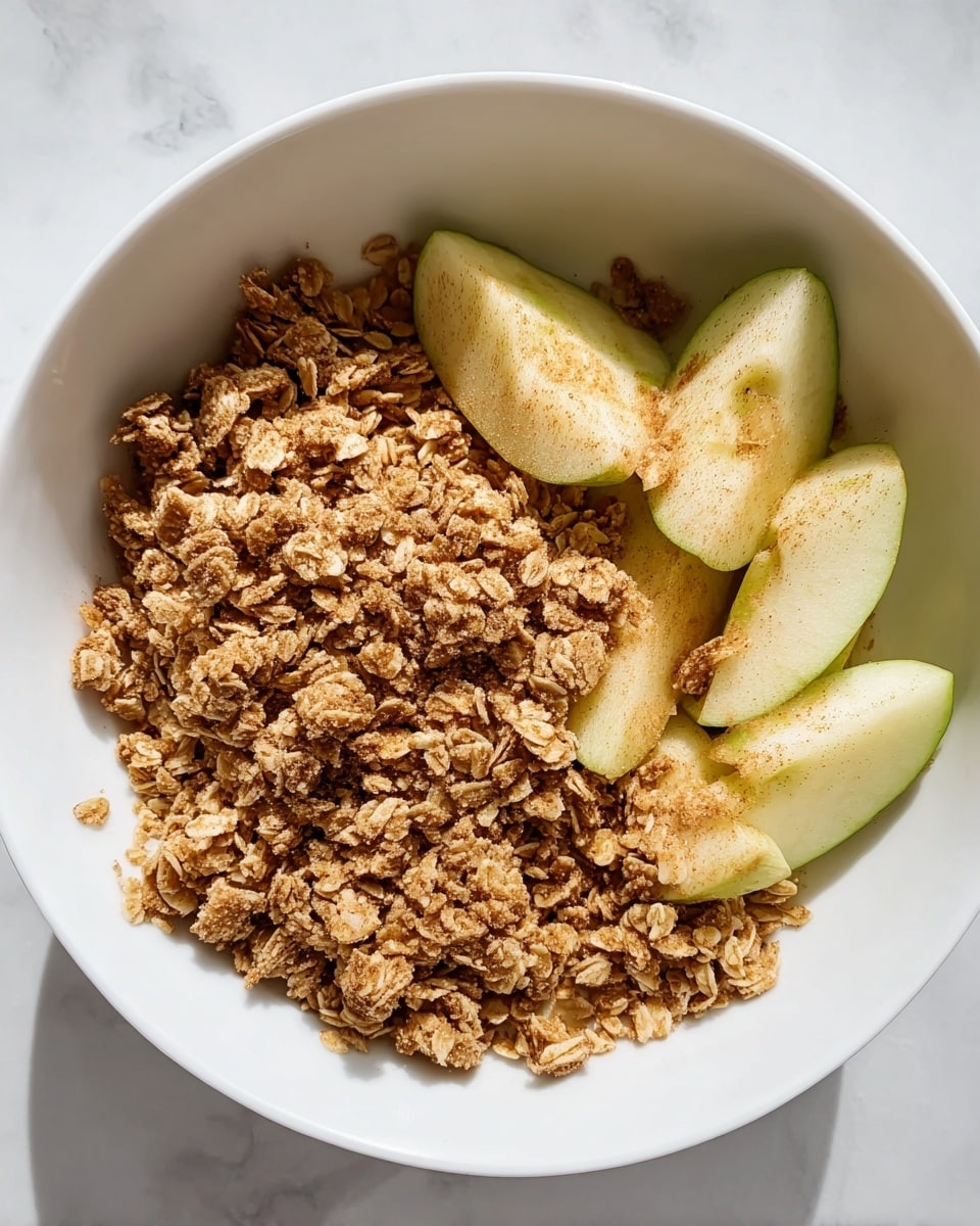 A white bowl holds a simple dish with two layers: the bottom layer consists of sliced green apple wedges, showing light green skin and off-white flesh, slightly sprinkled with cinnamon powder; on top, there is a thick layer of golden brown oat granola clusters mixed with fine cinnamon, giving a crumbly texture that covers most of the apple slices but leaves some edges visible. The bowl sits on a white marbled surface. photo taken with an iphone --ar 4:5 --v 7