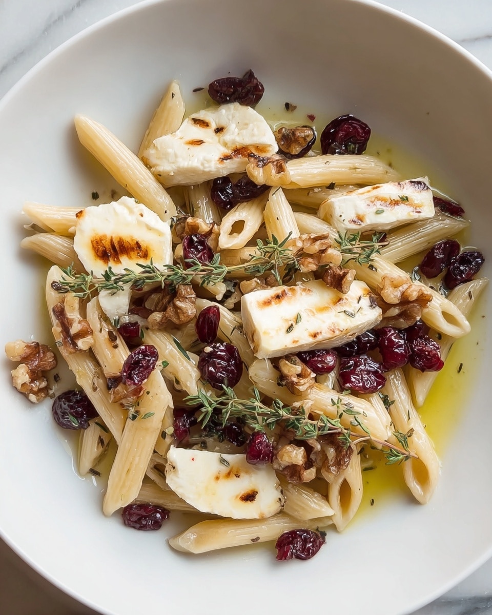 The dish is a white bowl filled with three main visible layers: the bottom layer consists of light beige cooked penne pasta with a smooth texture, the middle layer has scattered glossy deep red dried cranberries and some rough textured brown walnut halves, and the top layer shows creamy white cheese pieces with a few dark brown grill marks, garnished with fresh green sprigs of thyme and a drizzle of golden oil creating a shiny surface. The bowl is placed on a white marbled texture. photo taken with an iphone --ar 4:5 --v 7