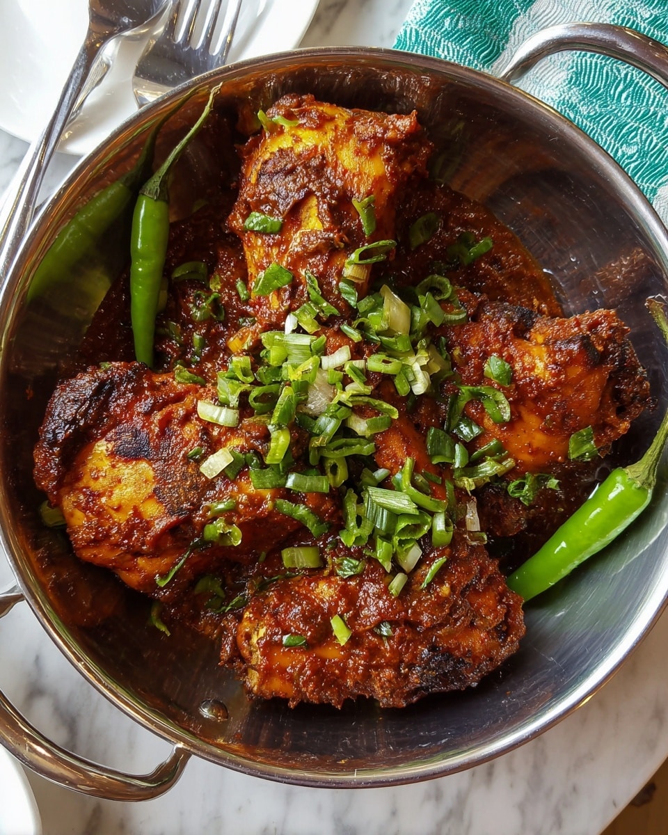 In a shiny silver bowl, three pieces of dark reddish-brown cooked chicken sit stacked, each coated with thick textured sauce that looks spicy and rich. The chicken is sprinkled with chopped bright green spring onions, adding a fresh color contrast. Two green chili peppers lie on one side under the chicken, showing a glossy smooth surface. The bowl is on a white marbled surface with part of a spoon and a plate of white rice visible in the top right corner. photo taken with an iphone --ar 4:5 --v 7