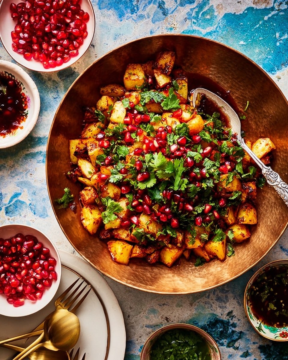 A wooden bowl filled with a dish that has three main layers: the bottom layer is chopped yellow potatoes with a soft texture, the middle layer is covered with a dark red sauce drizzled over the potatoes, and the top layer is scattered bright red pomegranate seeds and fresh green chopped herbs like cilantro. A silver spoon rests inside the bowl on the left side. Around the bowl, there are small round white bowls with red and green sauces and one with pomegranate seeds. The whole scene is set on a white marbled surface with a pink paper decoration in the upper left corner. photo taken with an iphone --ar 4:5 --v 7