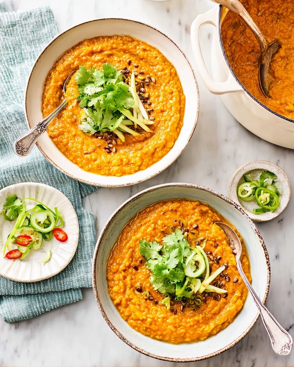 Two bowls filled with thick orange lentil stew, each bowl showing a thick textured layer swirling smoothly inside, topped with green cilantro leaves, thin white ginger sticks, and slices of green chili pepper scattered on top, with brown cumin seeds sprinkled over the stew. The bowls are white with a light blue inside rim, placed on a white marbled surface with a teal napkin beneath a large white pot of the same stew in the top right. A small white bowl holding extra cilantro, green chili slices, and ginger sticks sits in the bottom left. A silver spoon rests on a white napkin on the right side of the image. Photo taken with an iphone --ar 4:5 --v 7