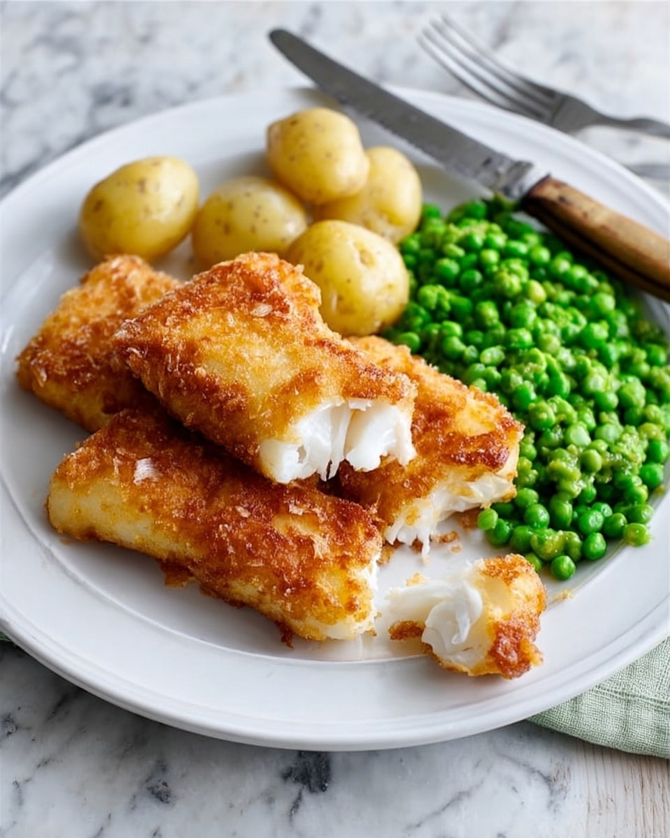 A white plate holds three pieces of golden brown, crispy fried fish with a crunchy texture; one piece is broken open, showing white flaky fish inside. Behind the fish, there are small round boiled potatoes with a smooth light brown skin. To the right, there is a pile of bright green peas that look soft and fresh. A fork is placed on the left edge of the plate and a knife with a brown handle is seen in the background on a white marbled surface. A woman's hand is reaching towards the plate. Photo taken with an iphone --ar 4:5 --v 7