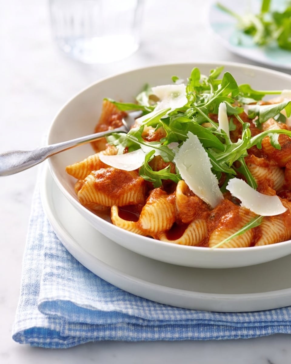 A white bowl filled with shell pasta covered in a chunky orange-red sauce, topped with fresh bright green arugula leaves, and thin white cheese shavings scattered on top. A silver fork rests inside the bowl on the right side. The bowl sits on a white plate that is placed on a blue checkered cloth over a textured white marble surface. The background is softly blurred with light blue and white tones. photo taken with an iphone --ar 4:5 --v 7