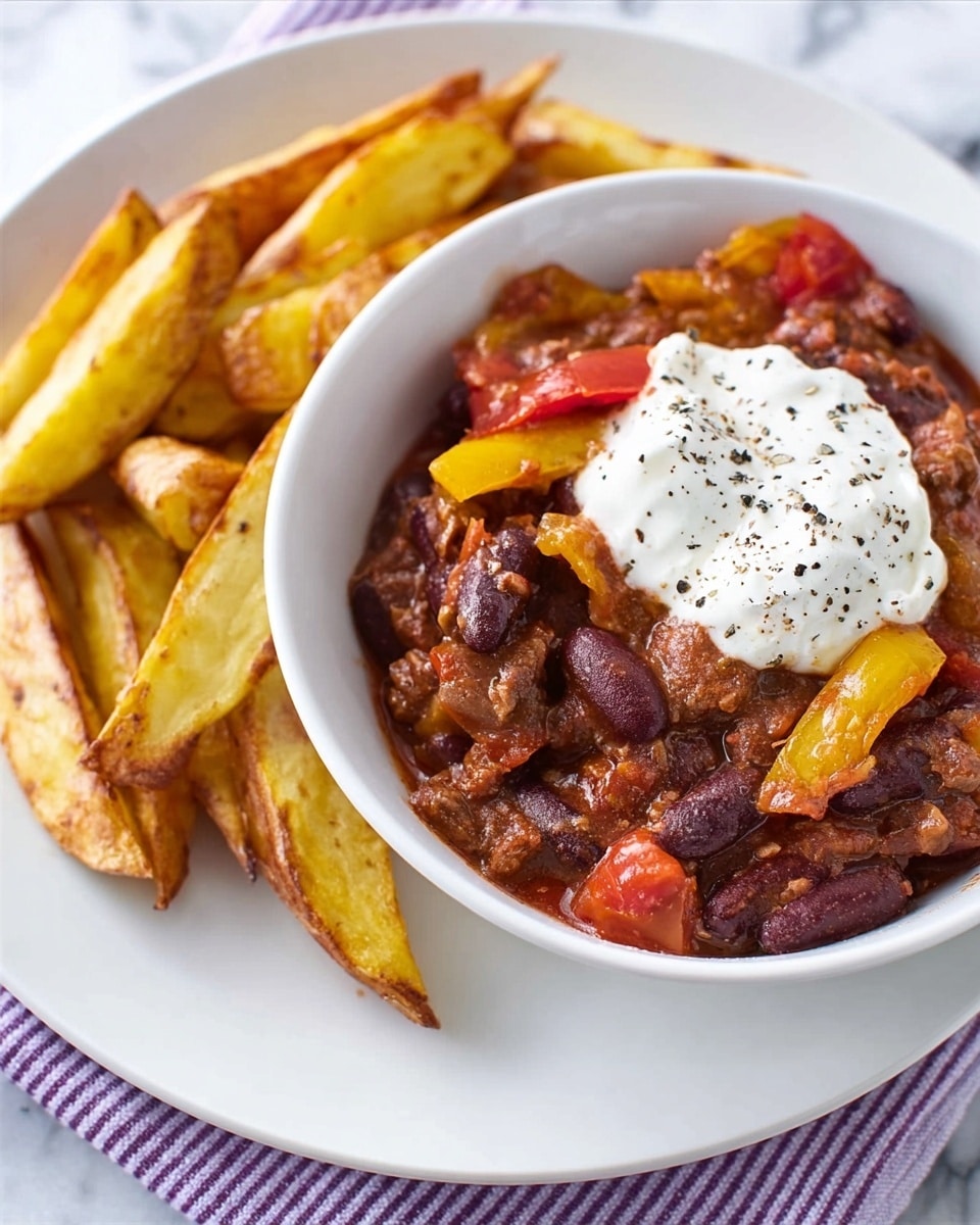 The image shows a white plate on a white marbled surface with a bowl filled with a thick stew. The stew has dark red kidney beans, chunks of bright yellow and red bell peppers, and pieces of brown meat mixed in a rich, dark sauce. A white creamy sauce is drizzled on top in a thin stream with a small sprinkle of black pepper. Around the bowl, there are golden-brown potato wedges with a crispy texture. The plate is set on a purple and white striped cloth. Photo taken with an iphone --ar 4:5 --v 7