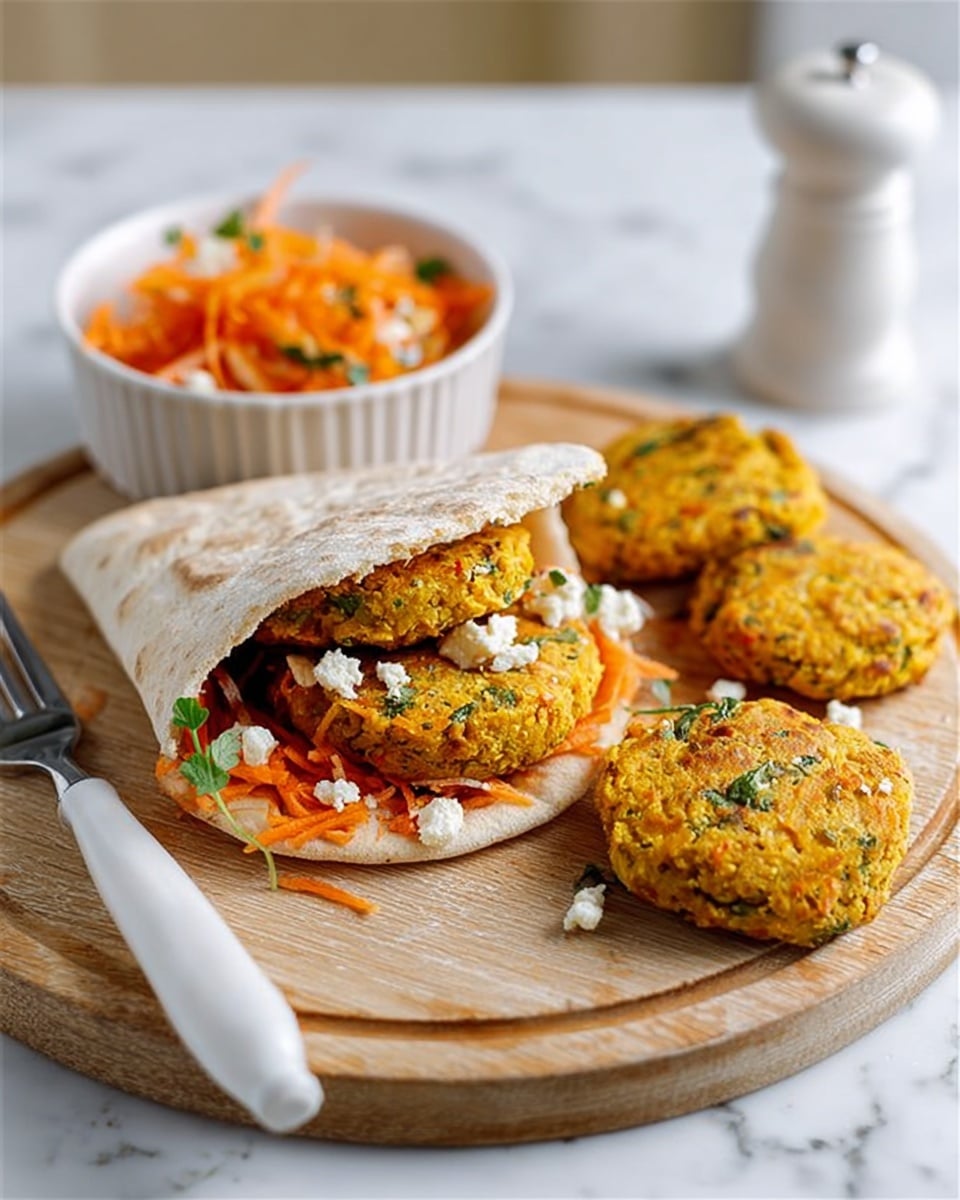 The image shows a white pita bread cut open and filled with two bright orange falafel patties that have green specks, resting on a bed of shredded carrot and small white crumbles, all placed on a wooden round board. Next to the pita, there are two more falafel patties with the same color and texture. Behind the board, a white small bowl filled with more shredded carrot is visible. A white fork lies on the left side of the board. The whole scene is set on a white marbled surface with a white pepper grinder in the background. Photo taken with an iphone --ar 4:5 --v 7