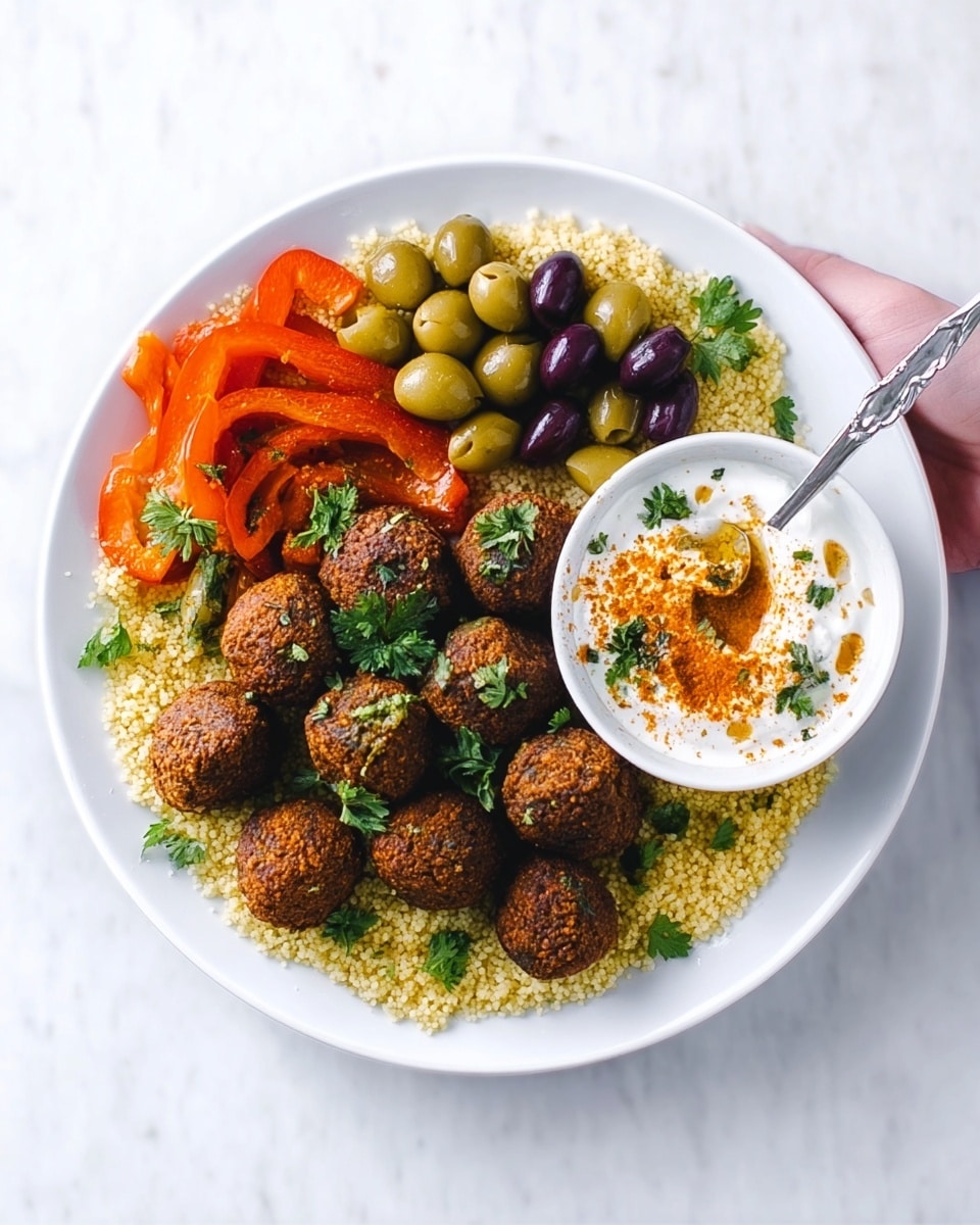 A white plate holds a colorful Middle Eastern dish arranged in sections. On one side, there is a pile of yellow couscous with a light, fluffy texture. Around the couscous are round, brown falafel balls that appear crispy on the outside. Next to the falafel, there is a mix of green and dark purple olives with small white cubes of feta cheese scattered among them. At the top, bright red roasted bell pepper slices add a pop of color. A small white bowl with a spoon inside rests on the plate, filled with creamy white yogurt sauce sprinkled with orange and green spices and herbs. The dish is placed on a white marbled surface. Photo taken with an iphone --ar 4:5 --v 7