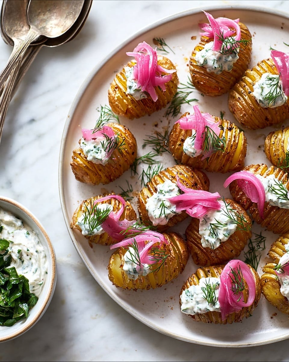 The dish shows a white oval plate filled with many small Hasselback potatoes that are golden brown and crispy with thin sliced layers. Each potato has a thick white cream sauce on top, textured with green herbs mixed in. Bright pink pickled onion slices and fresh, feathery green dill sprigs sit on the cream, adding color and height. The plate is placed on a white marbled surface, and to the top left are an antique gold spoon and fork. In the bottom left corner, a white bowl contains a light creamy sauce with chopped green herbs, partially in view. photo taken with an iphone --ar 4:5 --v 7