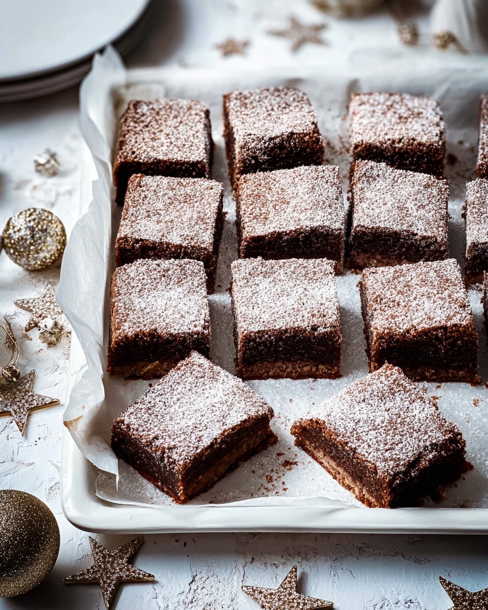 This image shows twelve square brownie pieces arranged on a white baking tray lined with white parchment paper. The brownies have a dark brown, rich base layer with a slightly crumbly texture, and they are topped with a lighter powdery layer of sugar that evenly coats the surface, giving them a rustic look. One brownie piece in the lower right corner is slightly tilted to reveal the dense, chewy chocolate inside with a clear two-layer contrast between the dark base and the sugary top. The tray is placed on a white marbled textured surface, with small decorative star and orb objects placed around it, adding warmth and charm to the scene. photo taken with an iphone --ar 4:5 --v 7