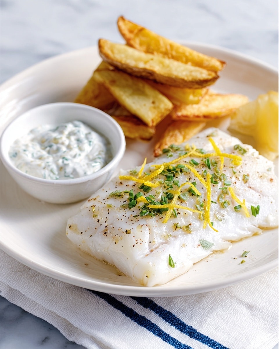 A white round plate on a white marbled surface holds a simple meal with three main parts: a thick, white piece of cooked fish topped with finely chopped green herbs and small lemon zest strips, seasoned lightly with black pepper; next to it, a small stack of golden-brown, thick-cut fries with a crispy texture; and a small white round ramekin filled with creamy white sauce mixed with green herbs. The plate rests on a white cloth with blue stripes. Photo taken with an iphone --ar 4:5 --v 7
