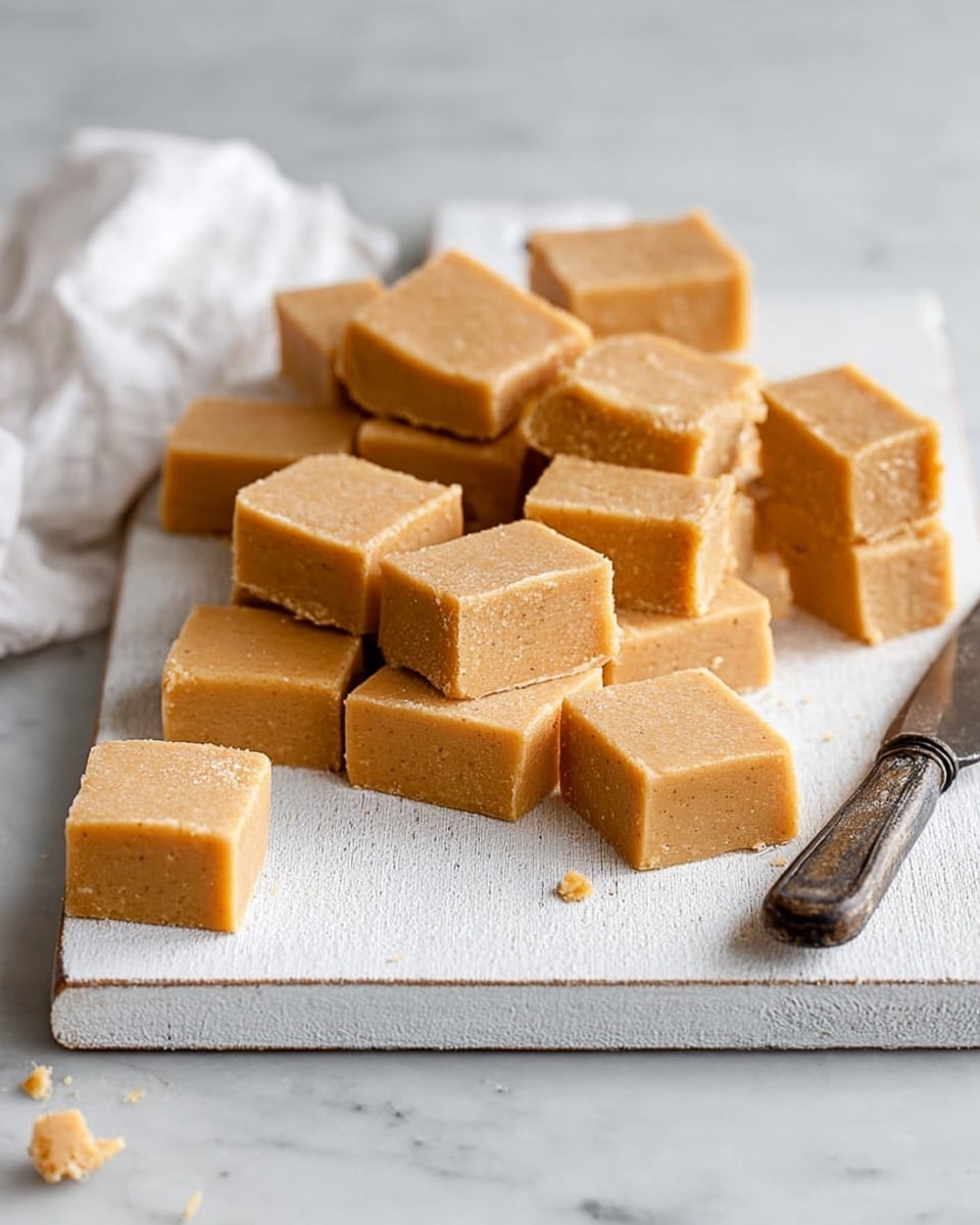A group of about 30 rectangular caramel fudge pieces with a smooth light brown texture are arranged on a white wooden board. Some pieces are stacked while others lie flat in a scattered way, showing their even thickness. A rustic, dark metal knife rests on the board to the right side. A white cloth is placed loosely on the far left edge of the board. The surface underneath is a white marbled texture. Photo taken with an iphone --ar 4:5 --v 7
