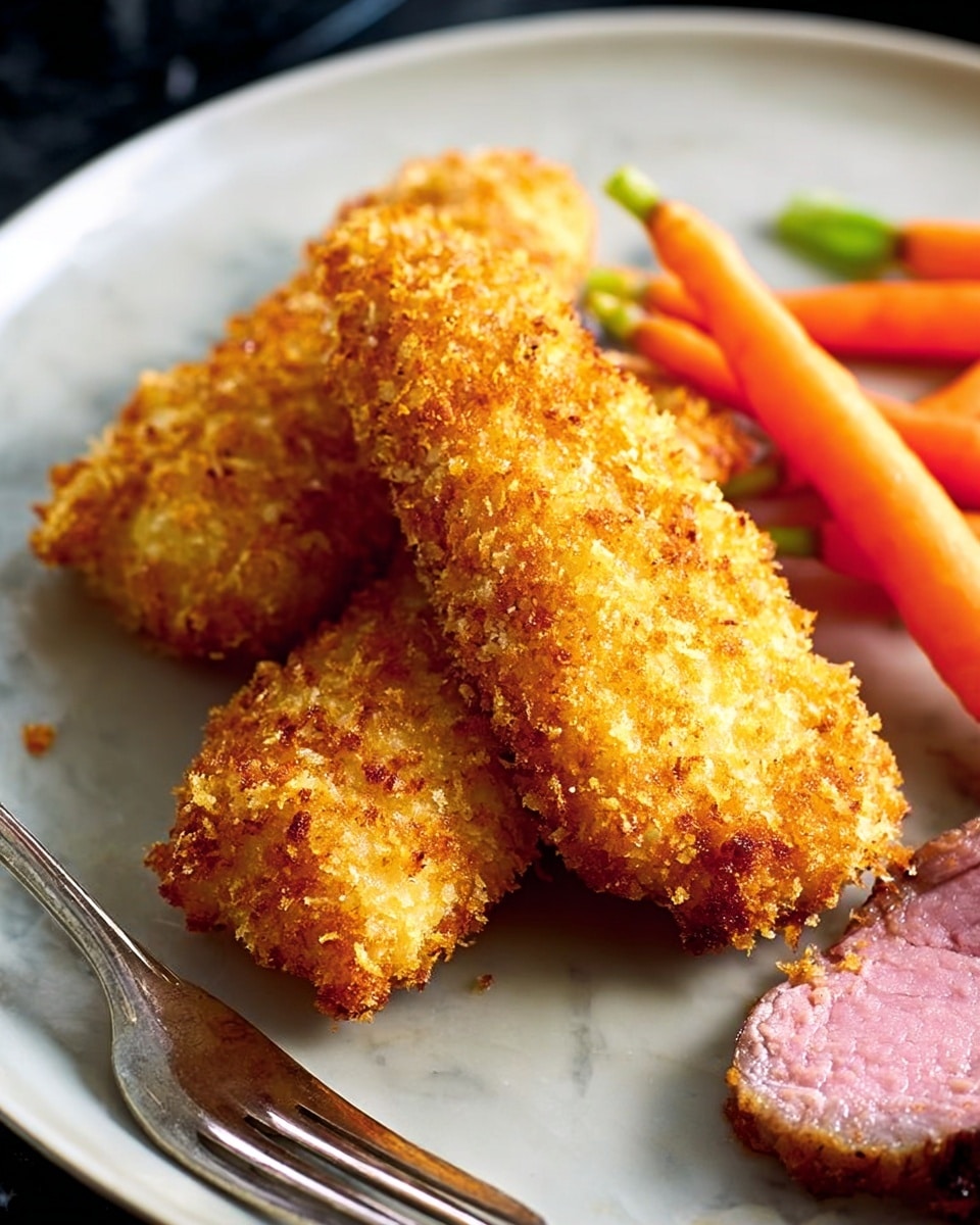 The image shows three crispy golden brown breaded pieces stacked slightly on each other on the left side of a white plate. The outer coating is rough and crunchy with some flaky crumbs visible. On the right side of the plate, there is a small piece of cooked meat with a pinkish center and brown edges. Next to the meat, a few small cooked carrots with green stems sit on the plate. A silver fork is resting on the bottom left edge of the plate. The plate is placed on a white marbled surface. Photo taken with an iphone --ar 4:5 --v 7