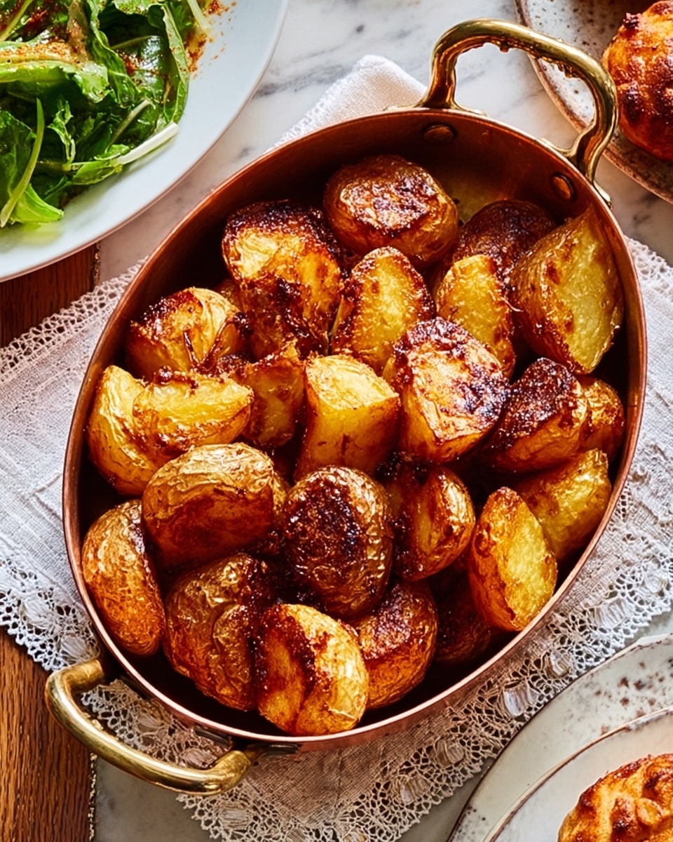 The image shows a white oval metal dish filled with golden brown roasted potatoes that are crisp on the outside and soft inside, with a mix of light yellow and deep brown colors from roasting. The potatoes are cut into large chunks and arranged in a loose heap within the dish. The dish rests on a light gray cloth on a white marbled surface, adding a soft texture contrast. Nearby, parts of white plates with green vegetables and baked goods are visible around the main dish. photo taken with an iphone --ar 4:5 --v 7