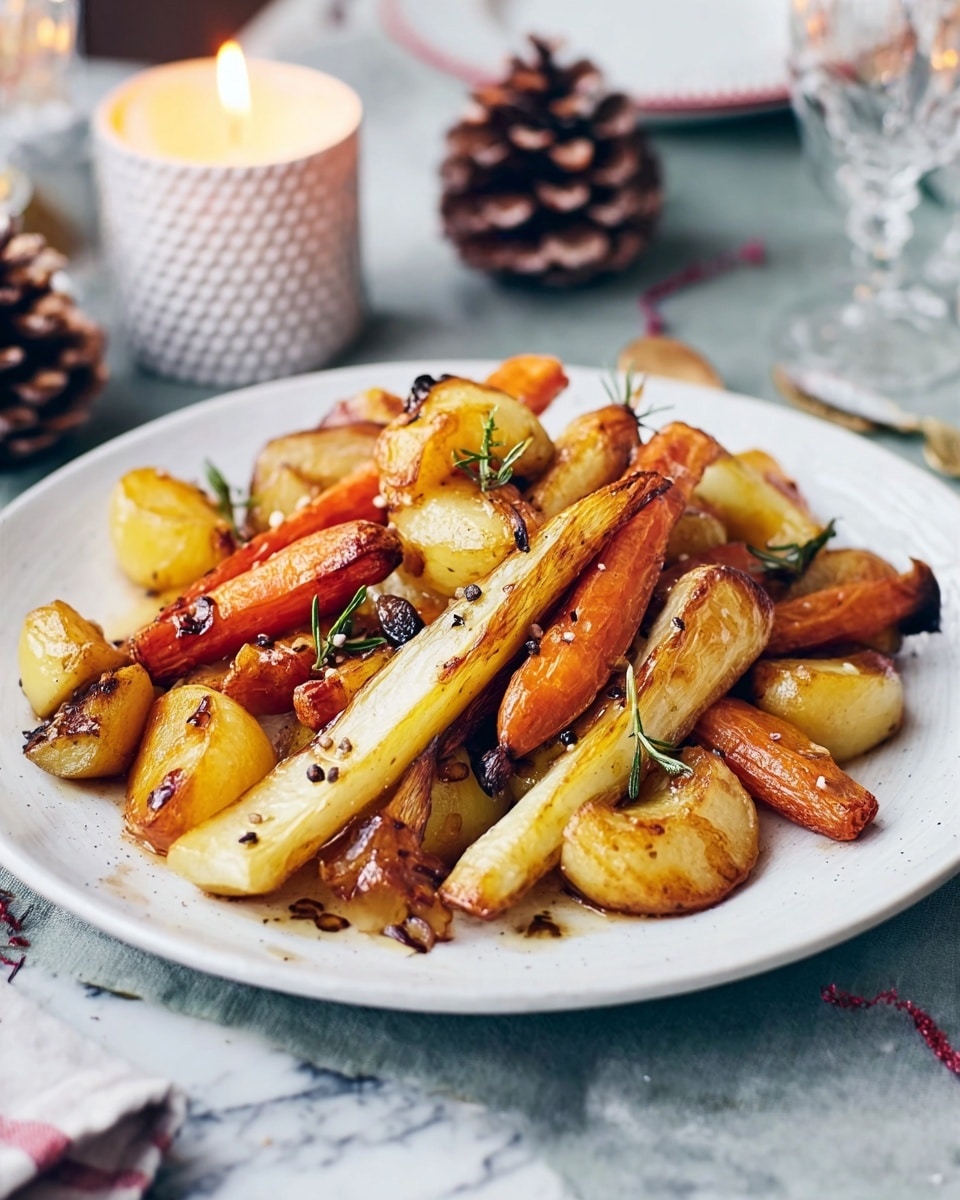 A white plate is filled with roasted vegetables including light golden-brown parsnips, small orange carrots, and yellow apple wedges with browned edges, all mixed together. The vegetables have a shiny glaze and some small dark seeds sprinkled on top. Around the plate is a white marbled surface, a lit candle in a white textured holder is nearby, along with a pine cone and a blurry glass in the background. photo taken with an iphone --ar 4:5 --v 7