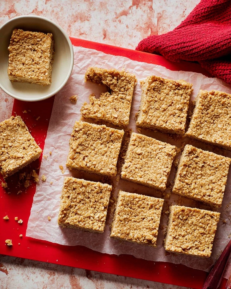 The image shows twelve square-shaped crisp oat bars with a light golden brown color and a rough, crunchy texture, arranged on white parchment paper over a rectangular wooden board. One bar is partially eaten, revealing its thick, dense interior. The background features a white marbled texture with a red linen cloth draped near the top right corner and a small white plate in the bottom left corner holding one more bar with crumbs scattered around. The scene is brightly lit, emphasizing the crumbly texture of the oat bars. photo taken with an iphone --ar 4:5 --v 7