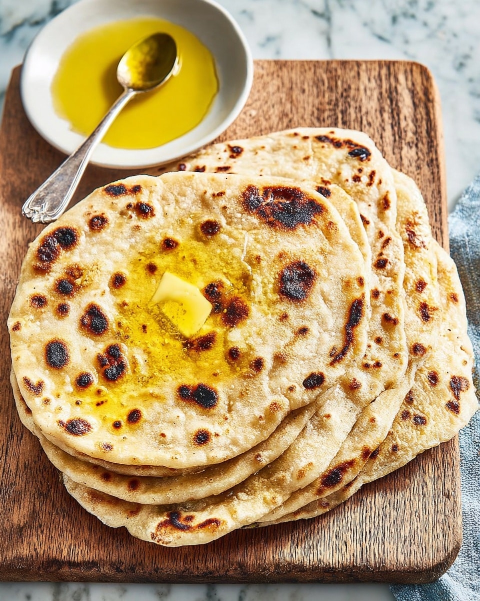 The image shows a stack of five round flatbreads on a wooden board. The flatbreads have a light brown color with dark brown toasted spots all over, and the top one has a glossy spread of melted butter in the center, giving it a shiny yellow patch. To the side, there is a small white bowl with yellow melted butter inside and a silver spoon resting in it. The background is a white marbled texture that adds a clean contrast to the warm colors of the bread and butter. photo taken with an iphone --ar 4:5 --v 7