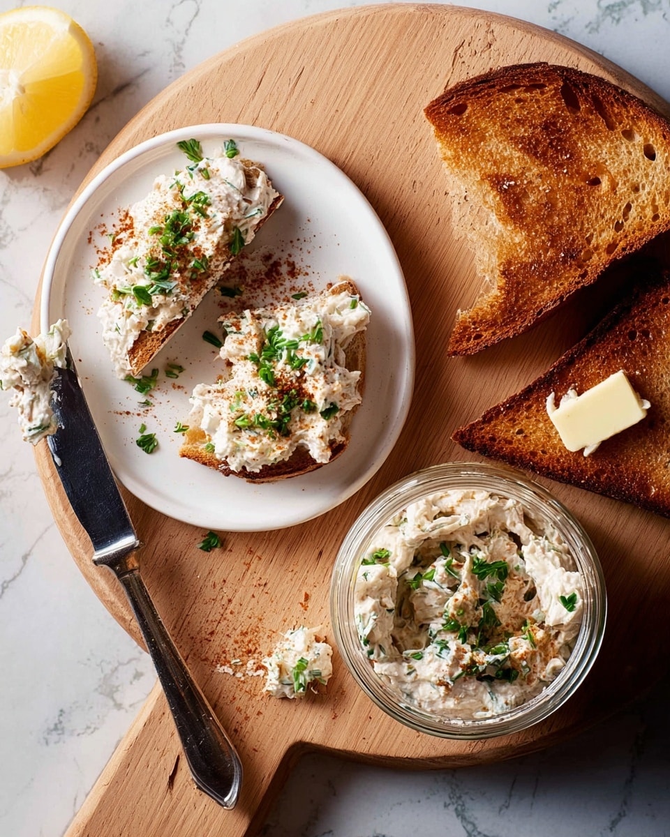 The image shows two triangular pieces of toasted dark brown bread on a white oval plate; one piece is fully covered with a creamy, chunky white spread mixed with green herbs and a dusting of red spice, while the other piece has a smaller amount of the same spread; on the side, there is a glass jar filled with more of the spread, topped with chopped green herbs, with the lid open beside it; near the plate, two additional triangular toasted bread slices are stacked with a yellow butter pat melting on the top slice; a silver knife lies next to the jar with a bit of the spread on its blade; a yellow lemon wedge is visible at the top left corner, and a dark blue cloth is partly seen at the top right corner, all placed on a white marbled textured surface photo taken with an iphone --ar 4:5 --v 7