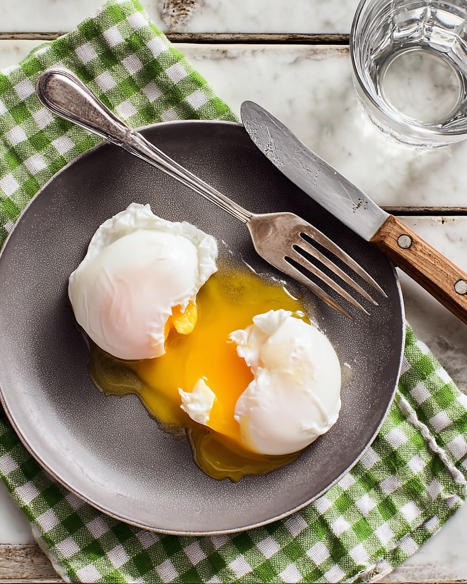 Two poached eggs sit on a round dark gray plate placed on a green and white checkered cloth. The eggs have smooth white outer layers; one egg is slightly cracked, showing a bright yellow, soft yolk spilling onto the plate. A silver fork rests on the right side of the plate, the tines touching the egg with the broken yolk. A clear glass of water is positioned in the upper right corner, next to a knife with a wooden handle lying horizontally on the white marbled surface beneath. Photo taken with an iphone --ar 4:5 --v 7