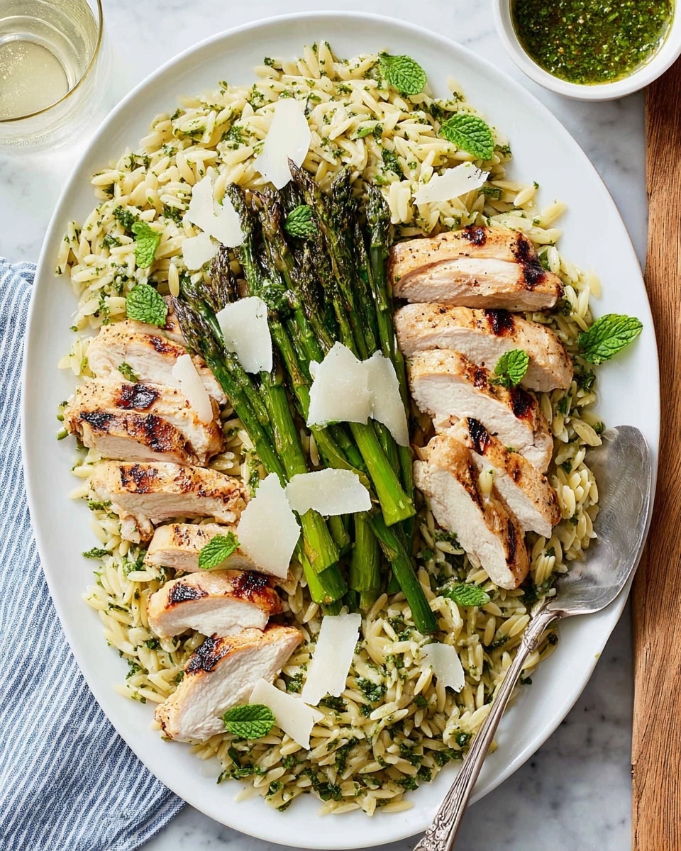 An oval white plate filled with a base layer of green herb-seasoned orzo pasta spread evenly, topped with several slices of grilled chicken arranged around the plate. In the center, there is a small bunch of bright green grilled asparagus spears standing upright. Over the asparagus and chicken, uneven white cheese shavings are scattered along with fresh mint leaves. A silver spoon rests on the right side of the plate, partially on the orzo and chicken. The plate sits on a white marbled surface with a striped cloth napkin on the left and a small white bowl with green sauce in the top right corner. Photo taken with an iphone --ar 4:5 --v 7