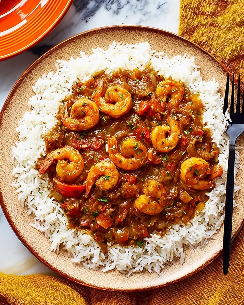 A white plate holds a base layer of fluffy white rice with visible grains spread evenly in a circular shape. On top, there is a thick layer of shrimp cooked in a brown sauce mixed with small chunks of red bell pepper and diced onions, giving a textured, rich look. The shrimp are orange and glossy, nestled among the sauce and vegetables. To the right side of the plate, a black fork rests on the edge. The plate is set on a white marbled surface with part of a yellowish-beige cloth visible near the right edge. Photo taken with an iphone --ar 4:5 --v 7