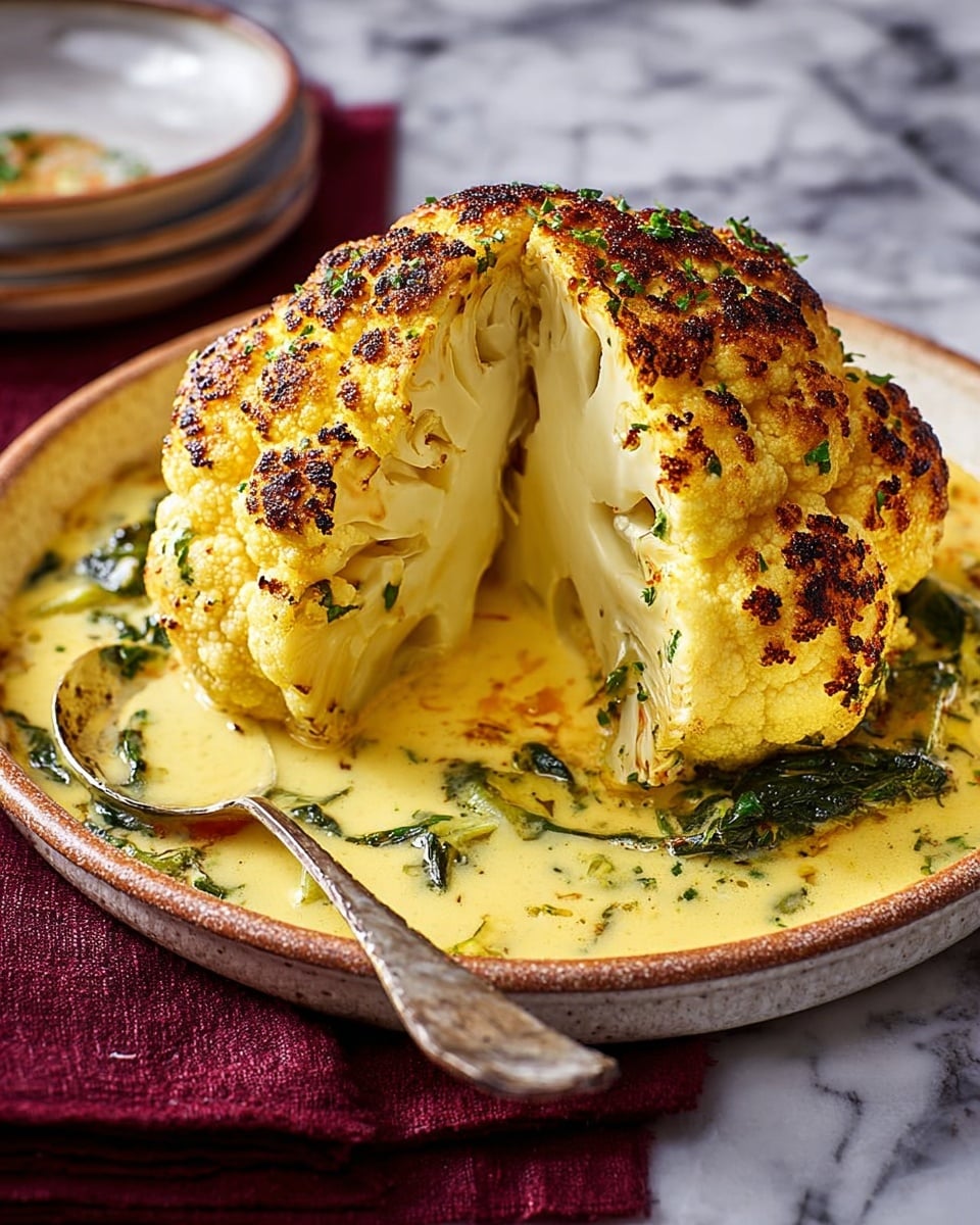 A whole roasted cauliflower sits in the center of a rustic round baking dish, its outer surface golden with brown toasted spots and a soft, creamy yellow sauce that coats the cauliflower and pools around the base. The sauce looks smooth and cheesy with specks of green herbs scattered through it. The cauliflower is slightly lifted on one side, revealing the white and tender inside surrounded by more sauce with visible green leaves or herbs. The baking dish rests on a light wooden board over a white marbled textured surface, with a burgundy cloth and a spoon with some sauce on the side. Photo taken with an iphone --ar 4:5 --v 7