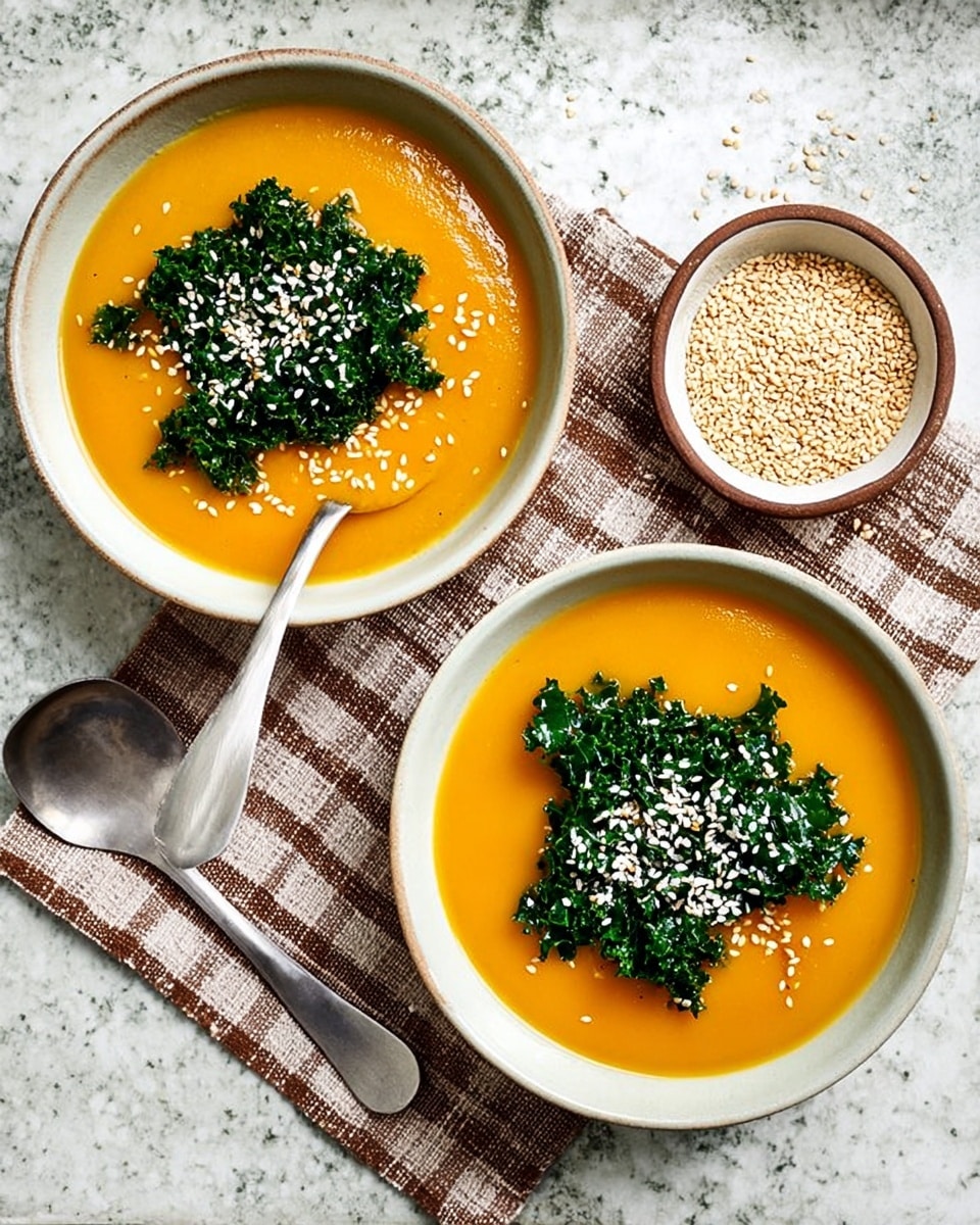 Two white bowls of bright orange soup sit on a white marbled surface. Each bowl is topped with a layer of dark green crispy kale sprinkled with white sesame seeds. One bowl has a silver spoon resting inside on top of a brown checkered cloth, while the other bowl has a spoon placed beside it. Nearby, there is a small brown bowl filled with more sesame seeds, some of which are scattered on the surface. The texture of the soup looks smooth and creamy, contrasting with the crunchy kale and sesame seeds on top. photo taken with an iphone --ar 4:5 --v 7