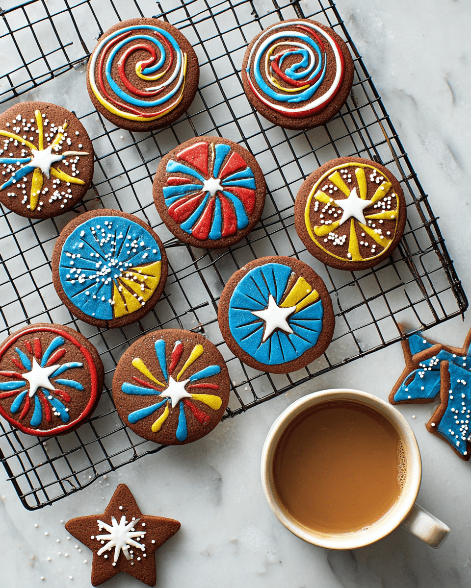 A collection of round and star-shaped chocolate cookies decorated with colorful icing and small white star-shaped sprinkles are arranged on a wire cooling rack and next to it on a white marbled surface. Each cookie has one or more vibrant patterns made of blue, red, yellow, and white icing, including spirals, dots, and bursts radiating from a small white star in the center. A rustic white cup filled with light brown coffee sits nearby, its handle facing right. The overall look is bright and festive, with the dark chocolate cookies contrasting against the vivid icing and white marbled texture. Photo taken with an iphone --ar 4:5 --v 7