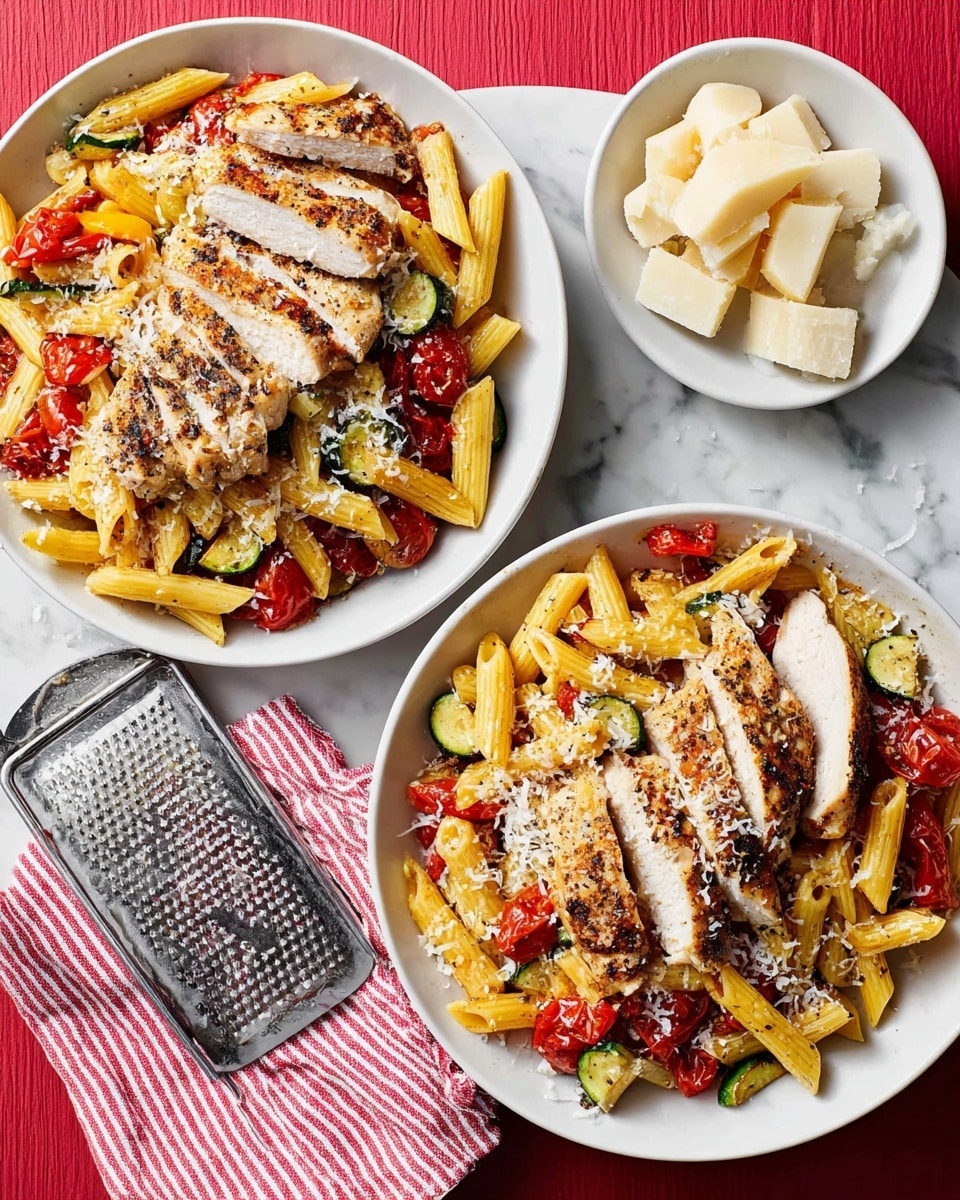 Two white plates each hold a dish made of layers. The bottom layer is cooked penne pasta, golden-yellow with a smooth texture, mixed with cooked cherry tomatoes and slices of zucchini adding red and green tomato and green colors with a soft texture. The top layer has grilled chicken breast, cut into thick slices, showing white juicy meat with browned grill marks. The whole dish is sprinkled with finely grated cheese, light and fluffy, covering the chicken and pasta a little. Nearby, there is a white plate holding a metal grater with some cheese on it and a white marbled surface under everything. A white and red striped cloth is visible near the lower plate. Photo taken with an iphone --ar 4:5 --v 7