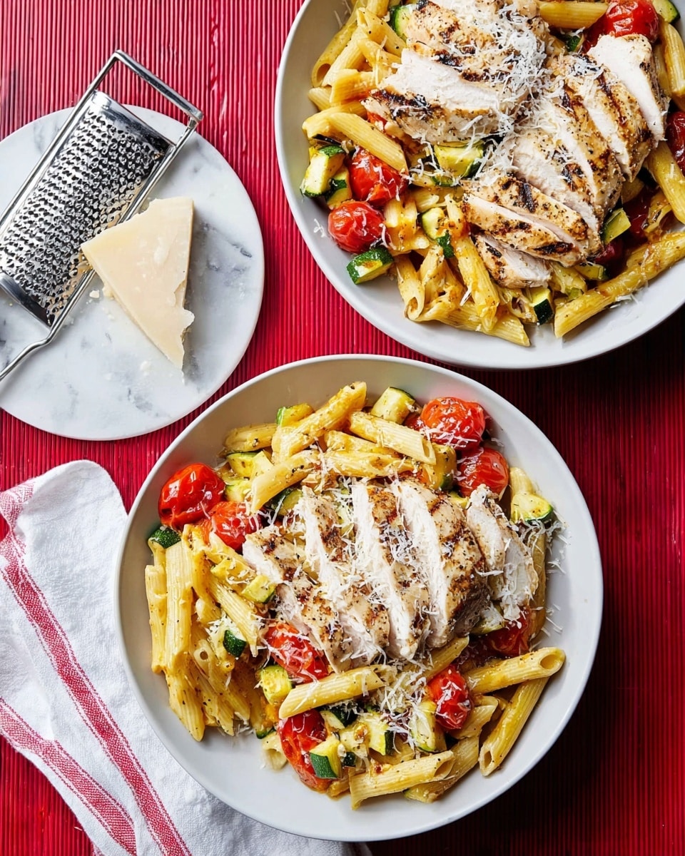 Two white plates filled with a colorful penne pasta dish topped with sliced grilled chicken breast. Each plate has a base layer of cooked penne pasta mixed with roasted red cherry tomatoes and green zucchini slices, creating a mix of red, yellow, and green tones. On top of the pasta, there are several pieces of grilled chicken breast sliced thinly, showing a nicely browned, slightly charred texture. Grated cheese is sprinkled over the chicken and pasta, adding a fine, white texture scattered unevenly. The plates are placed on a white marbled surface, with a striped red and white cloth nearby and a small white bowl holding a metal cheese grater and some cheese chunks beside them. Photo taken with an iphone --ar 4:5 --v 7