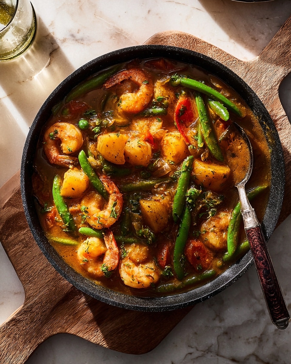 A black cast iron dish filled with a vibrant shrimp and vegetable stew rests on a wooden board over a white marbled surface. The stew has several layers: large golden brown shrimp sit on top, mixed with bright green peas and snap peas, as well as roasted red and green bell peppers. Baby potatoes with a golden glaze are scattered throughout, along with some pieces of browned meat. The dish is coated in a rich, reddish-orange sauce with a slightly glossy and chunky texture. A spoon with a wooden handle is placed inside the dish, ready for serving. Nearby, a glass of light amber beer sparkles in the sunlight. Photo taken with an iphone --ar 4:5 --v 7