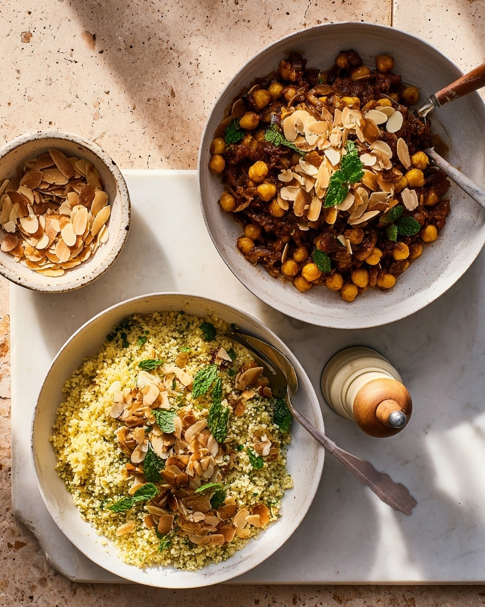 A white bowl holds two main layers side by side: on the left is a pale yellow bulgur wheat mixed with small green mint leaves and sprinkled with light brown almond slices. On the right, there is a rich brown stew made of ground meat, chickpeas, and cooked onions, topped with more almond slices. A fork with a wooden handle rests inside the bowl, partially on the bulgur. Below this bowl, another similar white bowl contains the same bulgur wheat with mint leaves and almond slices. Nearby, there is a small white bowl filled with extra almond slices, and a tall, light-colored pepper grinder stands on a white marbled surface with pinkish tan tiles underneath. The sunlight casts soft shadows across the scene. Photo taken with an iphone --ar 4:5 --v 7