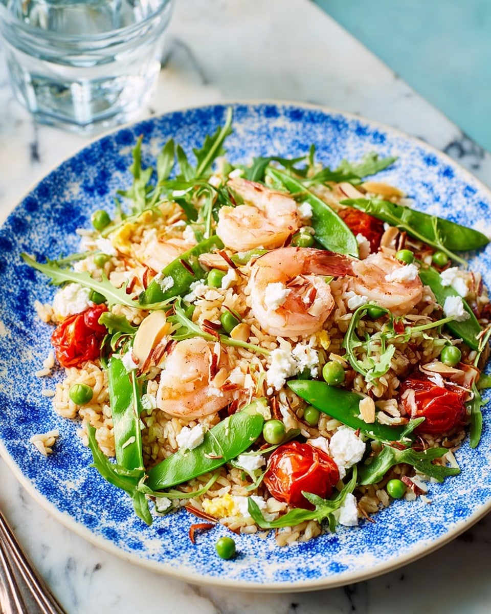 A bright blue plate holds a colorful layered dish starting with a base of light brown rice mixed with small vegetables. On top, pink shrimp and red cherry tomatoes add a pop of color. Bright green snap peas and fresh green arugula leaves sit scattered across the dish. Small white chunks of cheese are sprinkled unevenly, along with thin slices of light brown almonds. The plate is on a textured blue surface. A clear glass of sparkling water is visible in the background. photo taken with an iphone --ar 4:5 --v 7