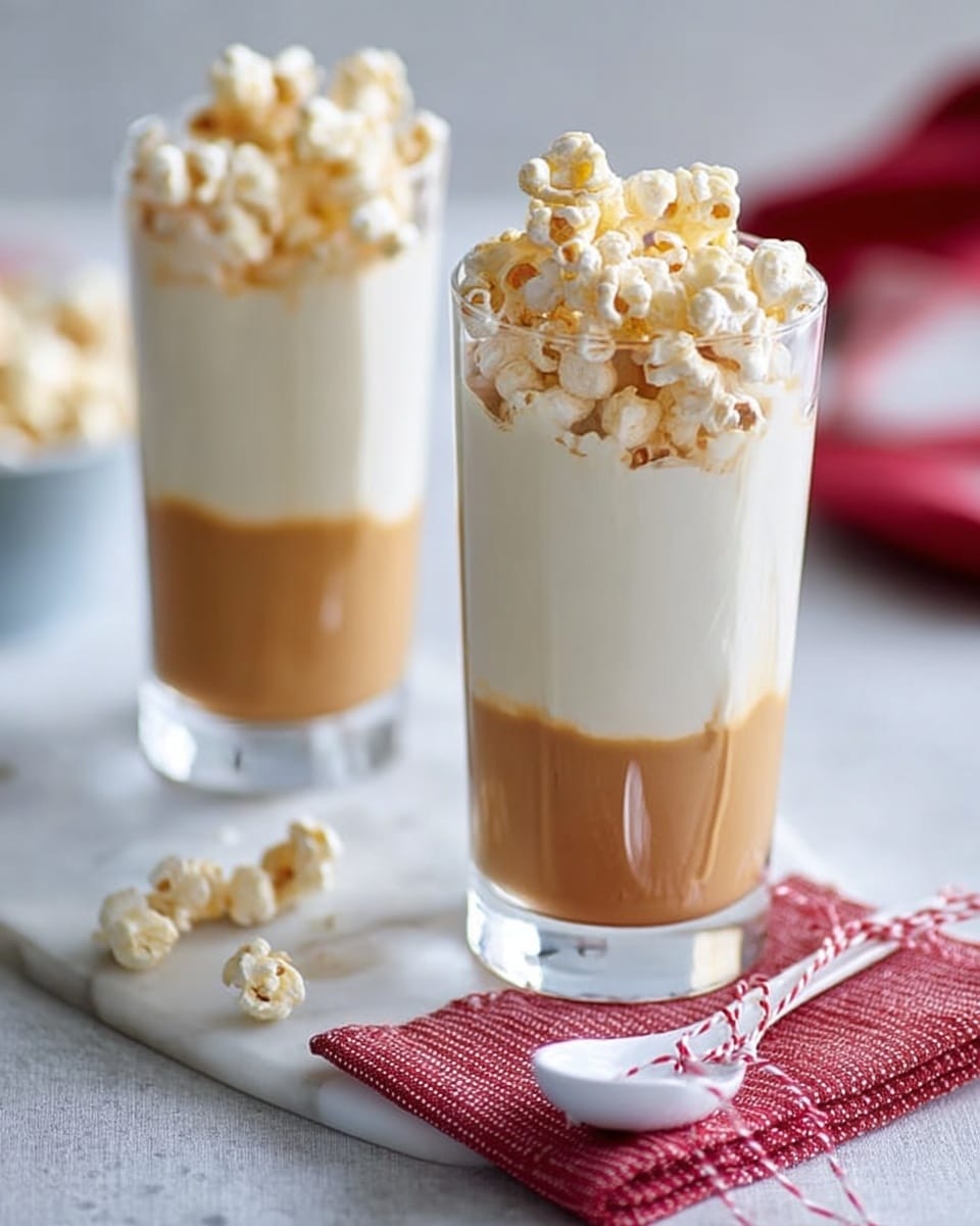 The image shows two tall clear glasses on a white marbled surface, each filled with three layers: the bottom layer is a smooth, light brown caramel sauce, the middle layer is a thick, creamy white pudding, and the top layer is a heap of golden, crispy popcorn. One glass is in front and the other is slightly blurred behind it. Nearby, there is a white spoon and a red textured cloth napkin with a red and white string on the right side. Some popcorn pieces are scattered on the surface in front of the glasses. Photo taken with an iphone --ar 4:5 --v 7