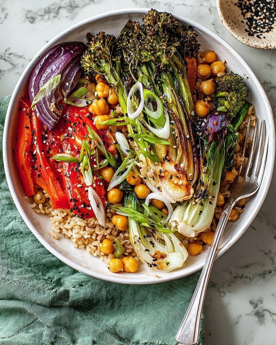 The dish shows a white bowl filled with a base layer of cooked brown rice, topped with roasted chickpeas scattered around. On top, there are many colorful vegetables arranged in sections: charred green broccolini, thick slices of grilled red bell pepper, caramelized purple onion wedges, and roasted orange carrot sticks. There are also slices of grilled fennel with black sesame seeds sprinkled, and thinly sliced raw white onion rings with green scallions placed in the center. The textures range from soft and juicy in the roasted vegetables to crispy chickpeas, all sitting on a white marbled surface, with a silver fork resting inside the bowl and a green cloth on the left side. photo taken with an iphone --ar 4:5 --v 7