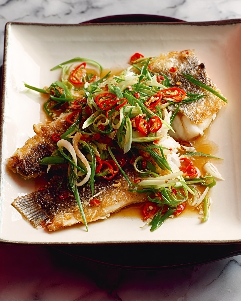 A dark square white plate holds two pieces of cooked fish with crispy golden-brown skin. On top of the fish, there is a colorful mix of thinly sliced green and red vegetables, some curled and twisted, adding a fresh texture. Scattered small pieces of light brown, crispy bits are also present, creating contrast against the fish and vegetables. The plate is set on a red table with intricate patterns, and the background shows stacked white dishes. The lighting highlights the gloss on the fish skin and the brightness of the garnishes. photo taken with an iphone --ar 4:5 --v 7