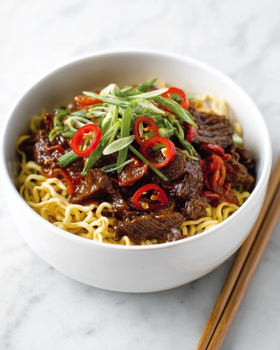 A white deep bowl filled with yellow noodles as the bottom layer, topped with dark brown cooked pieces of meat mixed with small diced orange and white vegetables, garnished with thinly sliced bright green scallions and small red chili rings on top. The bowl is placed on a white marbled surface with a pair of light wooden chopsticks resting on the left side of the bowl. photo taken with an iphone --ar 4:5 --v 7