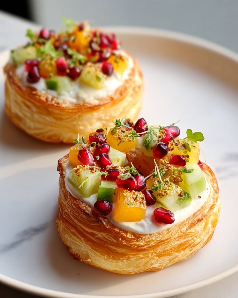 Two round, golden-brown puff pastry rings sit on a white plate with a white marbled texture background. Each pastry has three visible layers with a light, flaky texture. On top, there is a thick layer of creamy white cheese spread evenly around the ring. The cheese is covered with small cubes of bright green cucumber and orange mango, scattered with shiny red pomegranate seeds. Tiny green herb leaves and a light sprinkle of herbs and spices add a fresh touch on top. Bright natural light shines on the pastries, creating soft shadows, making the colors pop. photo taken with an iphone --ar 4:5 --v 7