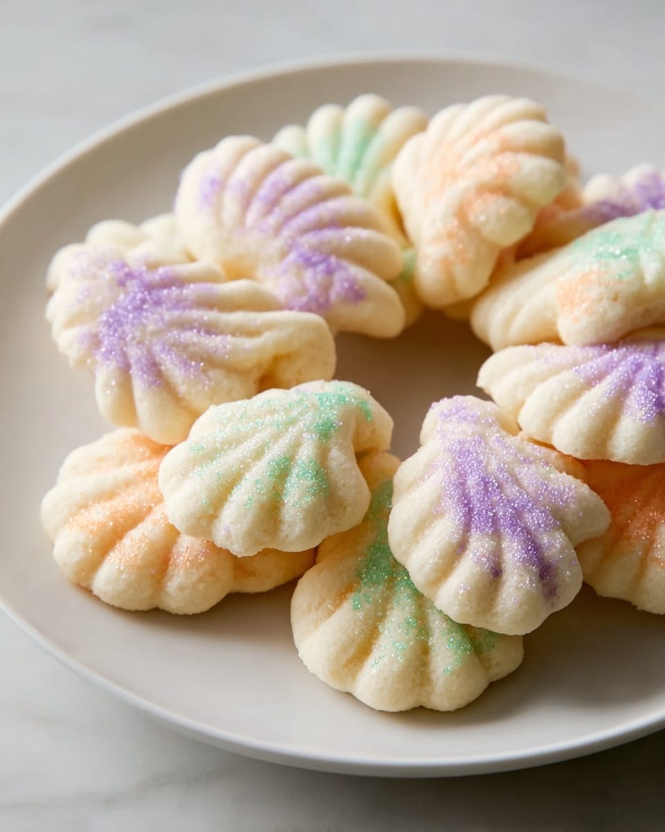 A white plate holds a ring of small, shell-shaped cookies with a soft, pale cream color and a slightly crumbly texture. Each cookie has ridged edges creating a scalloped pattern. Sprinkles of purple, orange, and green sugar crystals are scattered on top, giving a delicate colorful shimmer to the cookies. The cookies overlap slightly, arranged in a loose circle on a surface with a white marbled texture. Photo taken with an iphone --ar 4:5 --v 7