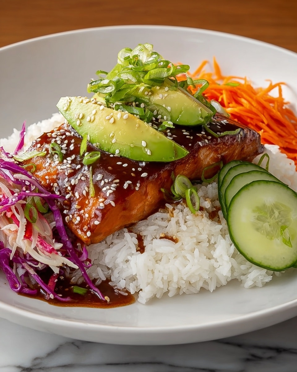 A white plate holds a bed of fluffy white rice as the base layer, topped with thinly sliced cucumber pieces with green edges scattered around. On top of the rice lies a glazed piece of salmon with a glossy dark reddish-brown sauce, sprinkled with white sesame seeds. Over the salmon, there are thin, shredded carrot and vibrant purple cabbage layers that add bright orange and purple colors. On the very top are two slices of fresh green avocado, sprinkled with more white sesame seeds, and a few thin green onion slices. The entire dish sits on a white marbled surface. photo taken with an iphone --ar 4:5 --v 7