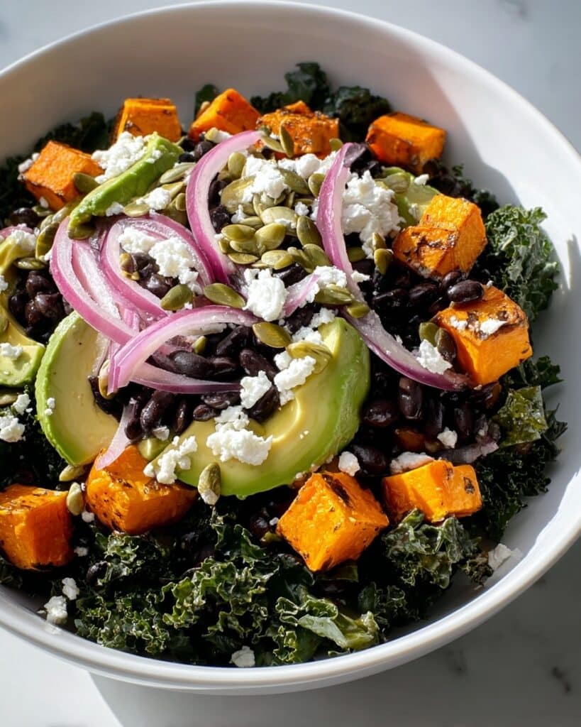 Massaged Kale and Roasted Sweet Potato Salad with Black Beans and Pumpkin Seeds Recipe