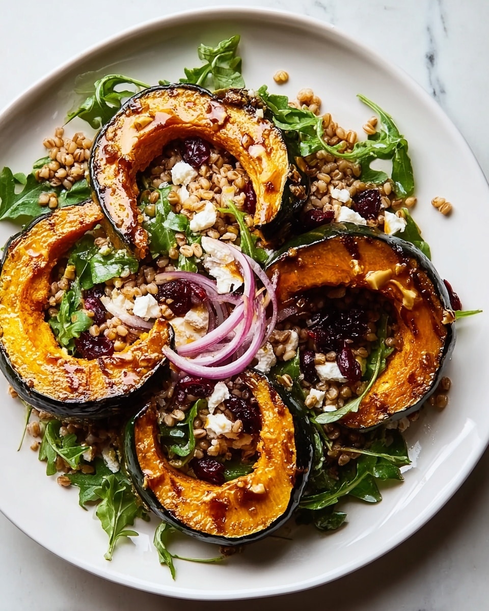 A white plate on a white marbled surface holds a layered salad with four large slices of roasted orange pumpkin arranged around the edges. Inside the pumpkin slices, there are cooked grains with a light brown color mixed with small pieces of red onion rings that have a soft, slightly translucent purple hue. Bright green leafy greens are scattered throughout the dish, providing contrast. The salad is sprinkled with small white cheese crumbles and light brown nuts or seeds, adding texture and richness. Some dark red dried berries are also mixed in, giving pops of color across the dish. A light drizzle of golden dressing glistens over the top, enhancing the colors and textures. Photo taken with an iphone --ar 4:5 --v 7