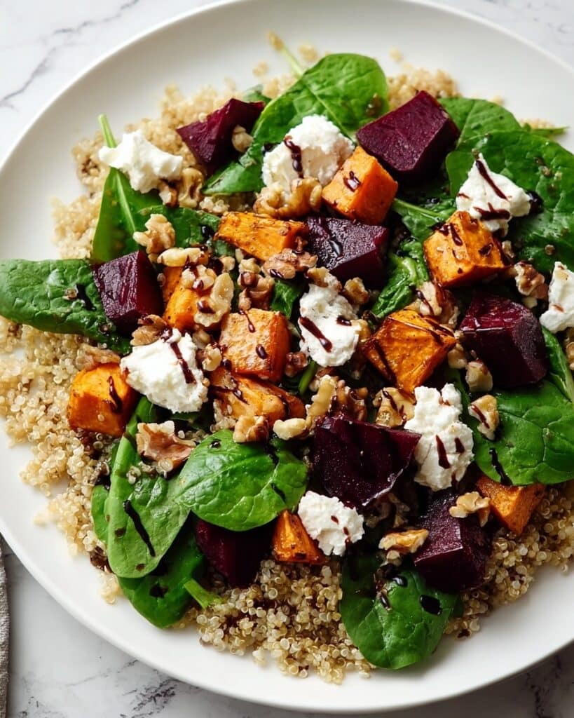 Roasted Beet and Butternut Squash Spinach Salad with Goat Cheese and Walnuts Recipe