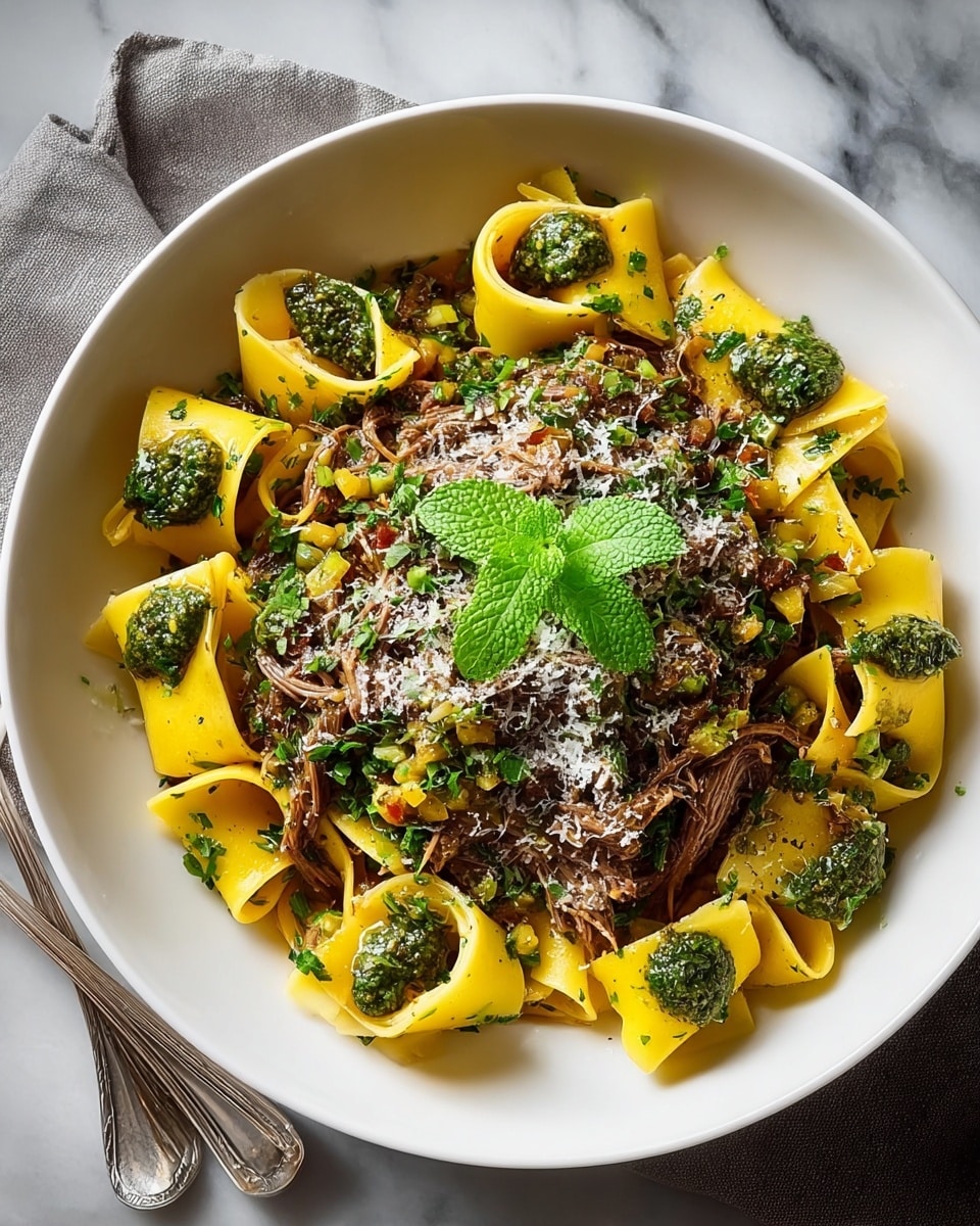 A white bowl filled with wide flat yellow pasta pieces arranged in a circle around the edges, topped with a generous layer of shredded dark brown beef mixed with a rich red-brown sauce inside the center. Small green herbs and finely chopped vegetables are sprinkled throughout, with dollops of bright green sauce placed on top of the pasta. A fresh green mint leaf sits right in the middle. The bowl is on a white marbled surface with a silver fork and a knife resting on a gray cloth napkin nearby. photo taken with an iphone --ar 4:5 --v 7