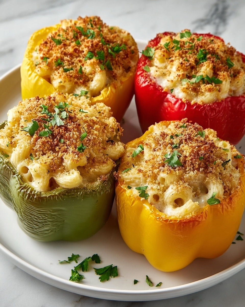 Four stuffed bell peppers sit on a large white plate placed on a white marbled surface, each pepper hollowed and filled with layers of cooked mac and cheese topped with a golden brown crispy crumb layer and small fresh green herb pieces sprinkled on top. The bell peppers are arranged close together; one is red, one is green, and two are yellow, each showing a slightly wrinkled skin texture from cooking. The macaroni is soft and creamy, visible through the crumb layer that adds a crunchy texture. Some green herb bits are scattered on the plate around the peppers. Photo taken with an iphone --ar 4:5 --v 7