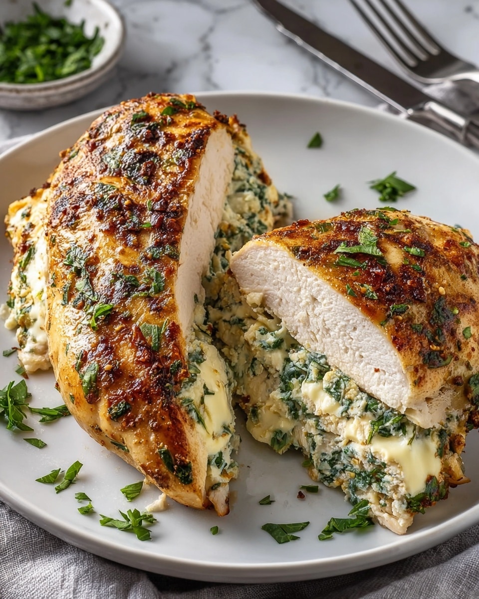 The image shows a large chicken breast cut into two thick slices on a white plate, revealing its three-layered structure: the top and bottom layers are golden-brown, crispy chicken with a slightly charred texture, and the middle layer is a creamy white cheese mixed with green herbs and small bits of browned seasoning, oozing out slightly between the slices. Fresh parsley leaves are scattered gently on top and around the chicken on the plate. The plate sits on a white marbled texture surface with a small cluster of silver forks placed in the upper right corner near a gray cloth napkin. photo taken with an iphone --ar 4:5 --v 7