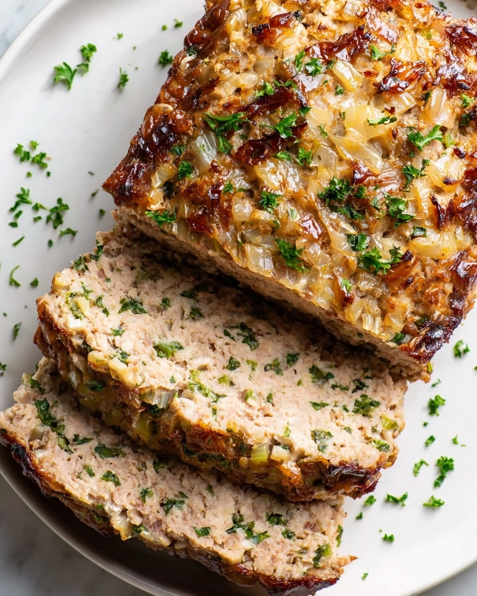 The image shows a white plate with a meatloaf that has been partially sliced. The meatloaf has two distinct layers: the top layer is golden brown with a slightly crispy texture and scattered cooked onions and chopped green herbs, giving it a textured and colorful look, while the inside layers are a speckled mix of light beige meat and green herbs, showing a moist and tender texture. The slices reveal the layers inside clearly, and additional chopped green herbs are sprinkled on and around the meatloaf on the plate. The entire scene is set on a white marbled surface. Photo taken with an iphone --ar 4:5 --v 7
