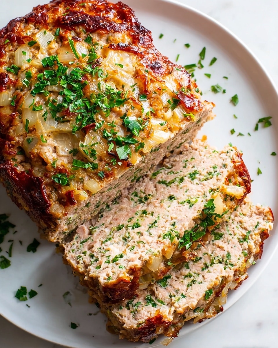 A rectangular meatloaf with two slices cut and laid on a white plate, showing a dense, moist texture with visible pieces of green herbs and onion mixed throughout. The top layer is browned with caramelized bits of onion and scattered chopped parsley, giving a textured, slightly crispy surface with golden and green colors. The inside layers are pale beige with green herb flecks, soft but holding their shape. The white plate sits on a white marbled surface with a few parsley sprinkles around. Photo taken with an iphone --ar 4:5 --v 7