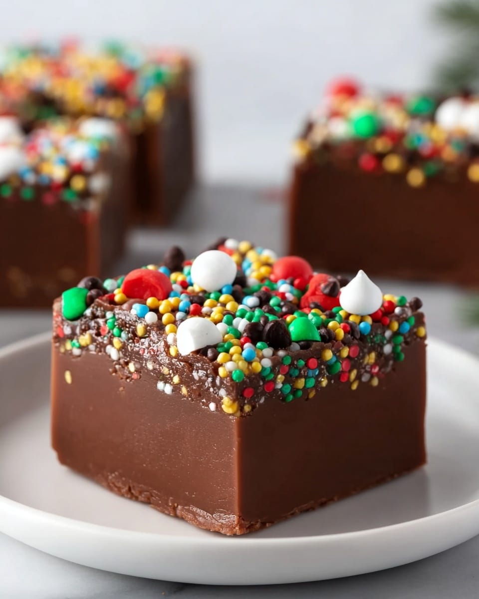 A thick, smooth, square piece of milk chocolate fudge sits on a white plate with a shiny surface. The fudge has one layer, rich brown with a creamy texture, topped with a thick coating of glossy chocolate ganache. On top of this ganache, there is a colorful layer of small round sprinkles in green, red, yellow, and black, mixed with small white peppermint candy bits scattered evenly. The background shows a white marbled texture with blurred greenery decorations. photo taken with an iphone --ar 4:5 --v 7