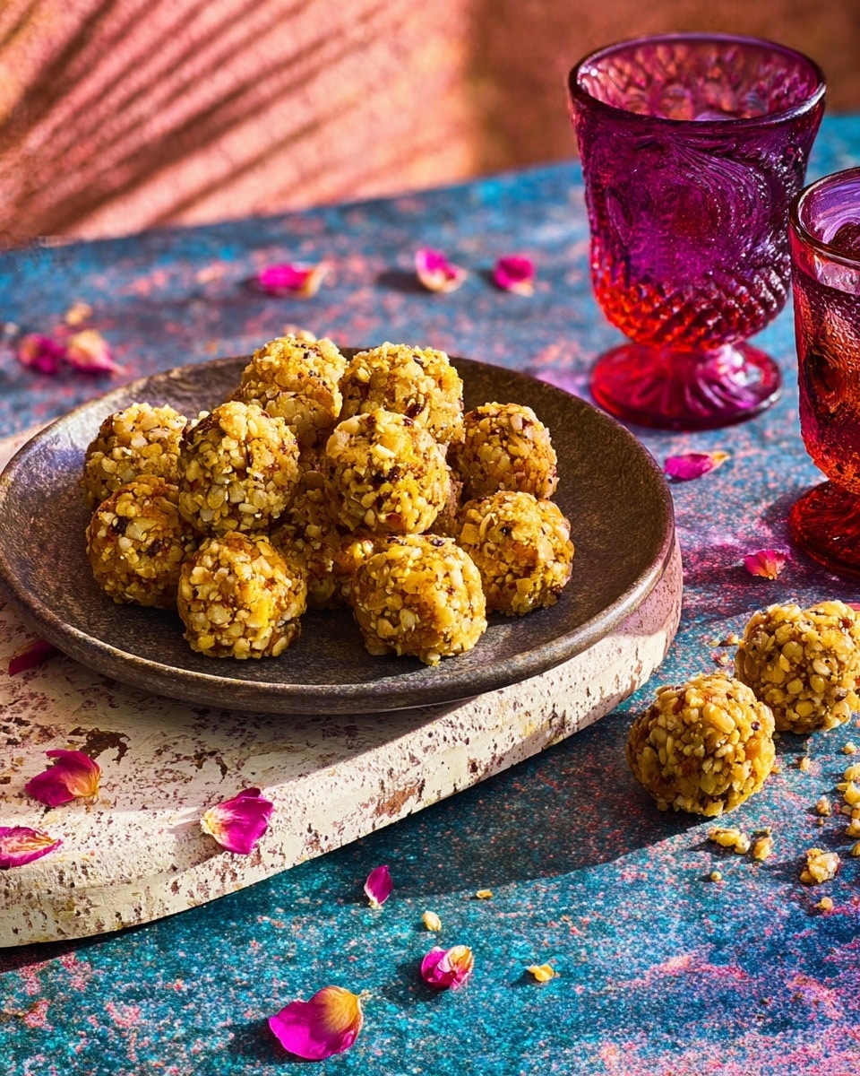 A blue ceramic plate holds around ten golden-yellow, round textured sweets studded with white nuts and small red threads, unevenly shaped and visibly crunchy. Three more of the same sweets are placed casually on a terrazzo-patterned white board nearby, which rests on a blue surface with splashes of pink. Two decorative glasses, one pink and one red with patterns, sit to the right side. The background is warm with blurred brown and beige tones, and part of a pink leaf is visible at the bottom left. photo taken with an iphone --ar 4:5 --v 7