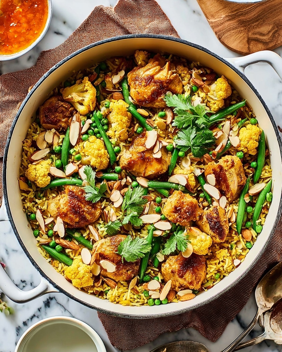 A round cooking pot filled with a colorful dish that has about five layers. The bottom layer is golden-yellow cooked rice mixed with small green peas, next on top are chunks of light brown cooked chicken pieces spaced around the pot. Scattered among the chicken and rice are bright green beans, beige cauliflower pieces, and some whole almonds. Dark brown cinnamon sticks and a few small dark raisins add texture in between. Small green cilantro leaves are sprinkled on top, adding a fresh touch. The pot sits on a light brown textured cloth on a white marbled surface, with small white bowls nearby, one containing a red sauce. photo taken with an iphone --ar 4:5 --v 7