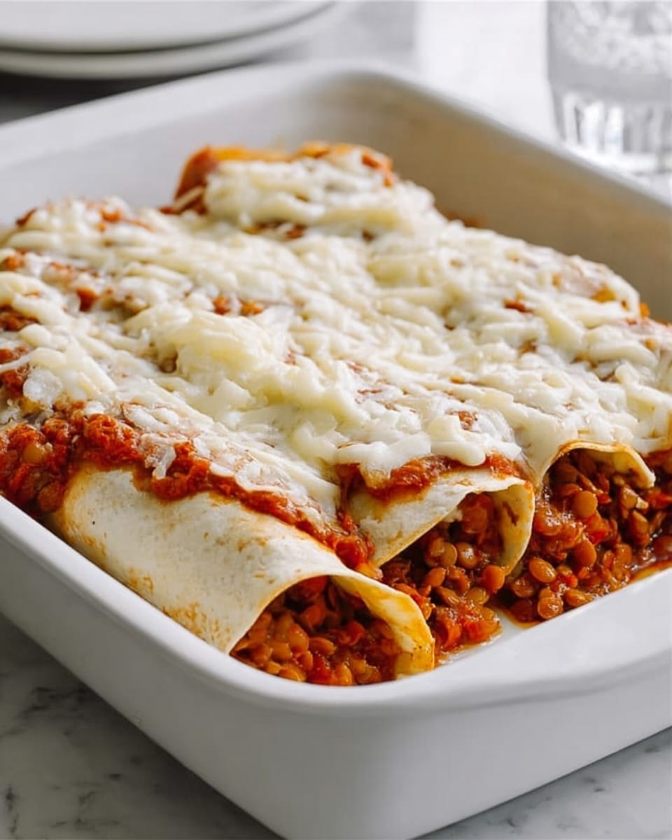 The image shows a white rectangular ceramic dish filled with rolled tortillas, three visible in the front. Each tortilla is filled and covered with a thick layer of chunky tomato sauce mixed with beans and small pieces of vegetables, giving it a rich reddish-brown color and coarse texture. On top of the sauce, there are three large, melted white cheese layers, slightly browned, stretching across the tortillas. The dish sits on a smooth white marbled surface, with a clear glass in the blurry background. Photo taken with an iphone --ar 4:5 --v 7